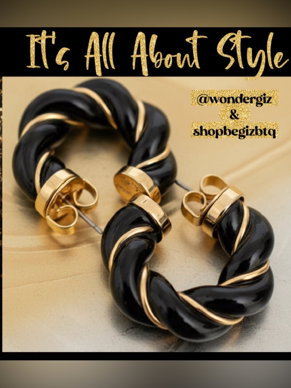 NWT Authentic Tory Burch Black and Gold Textured Rope Hoop Earrings